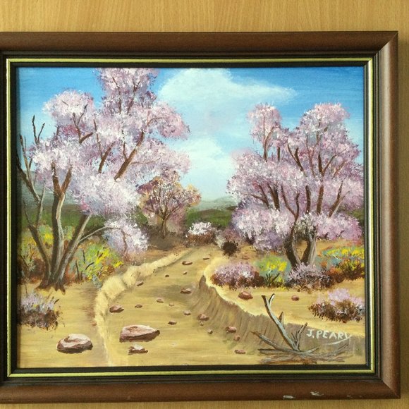 Wood framed painting purple flowers landscape 15" x 13" signed J Peary - Picture 1 of 4